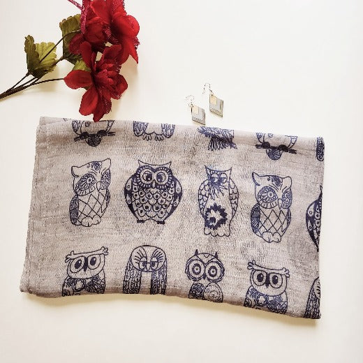 Stylish Natural Bamboo Gray Scarf Owl Print - Cloth and Things