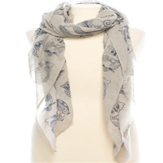 Stylish Natural Bamboo Gray Scarf Owl Print - Cloth and Things